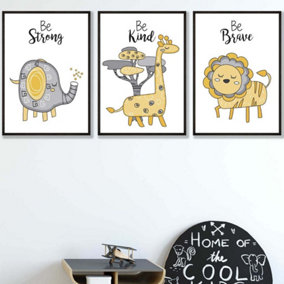 Set of 3 Scandi Nursery Elephant Animals Quote Yellow Grey Wall Art Prints / 42x59cm (A2) / Black Frame