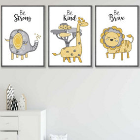 Set of 3 Scandi Nursery Elephant Animals Quote Yellow Grey Wall Art Prints / 42x59cm (A2) / Dark Grey Frame