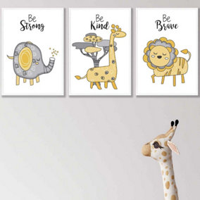 Set of 3 Scandi Nursery Elephant Animals Quote Yellow Grey Wall Art Prints / 42x59cm (A2) / White Frame