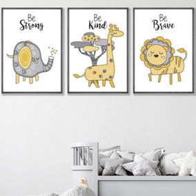 Set of 3 Scandi Nursery Elephant Animals Quote Yellow Grey Wall Art Prints / 50x70cm / Dark Grey Frame