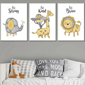 Set of 3 Scandi Nursery Elephant Animals Quote Yellow Grey Wall Art Prints / 50x70cm / White Frame