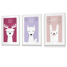 Set of 3 Scandi Nursery Forest Animals Pink Lilac Wall Art Prints / 30x42cm (A3) / White Frame