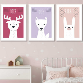 Set of 3 Scandi Nursery Forest Animals Pink Lilac Wall Art Prints / 50x70cm / White Frame