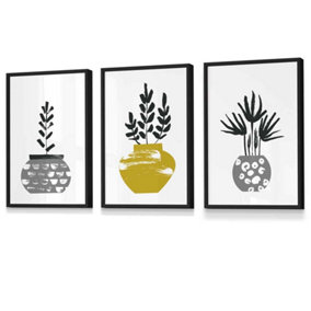 Set of 3 Scandi Yellow Grey Cactus Pots Wall Art Prints / 30x42cm (A3) / Black Frame