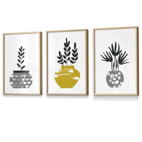 Set of 3 Scandi Yellow Grey Cactus Pots Wall Art Prints / 30x42cm (A3) / Oak Frame