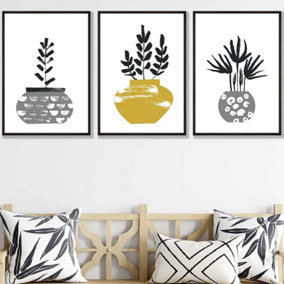 Set of 3 Scandi Yellow Grey Cactus Pots Wall Art Prints / 42x59cm (A2) / Black Frame