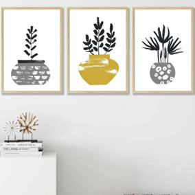 Set of 3 Scandi Yellow Grey Cactus Pots Wall Art Prints / 42x59cm (A2) / Oak Frame