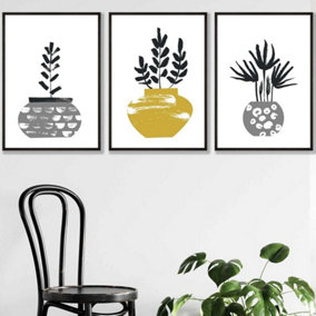 Set of 3 Scandi Yellow Grey Cactus Pots Wall Art Prints / 50x70cm / Black Frame