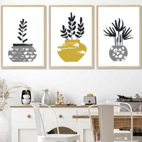 Set of 3 Scandi Yellow Grey Cactus Pots Wall Art Prints / 50x70cm / Oak Frame