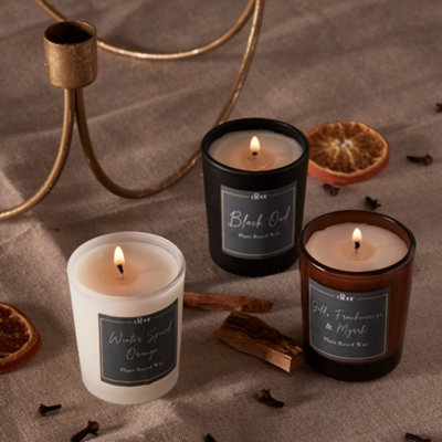 Set of 3 Scented Candle Winter Spiced Orange, Gold Frank & Myrrh, Black Oud Home Fragrance Christmas Table Candle 9cl