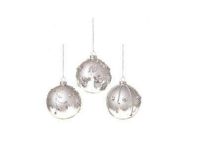 Set of 3 Silver & Clear Christmas Tree Decoration Glass Ball Baubles 80mm Price Comparisons | Compare The Build