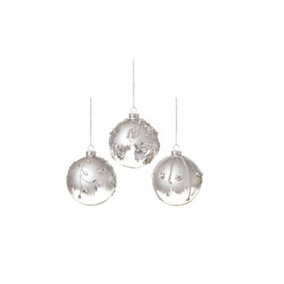 Set of 3 Silver & Clear Christmas Tree Decoration Glass Ball Baubles 80mm