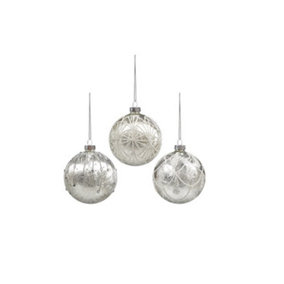 Set of 3 Silver Elegant White Glitter Design Christmas Tree Decorations 80mm