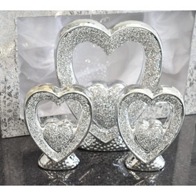 Set Of 3 Silver Hearts Sparkle Ornament Crushed Diamond