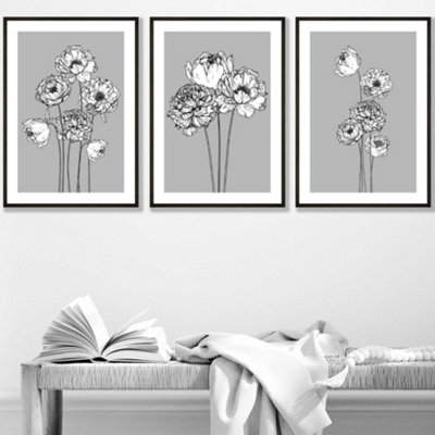 Set of 3 Sketch Art Peonies on Grey Wall Art Prints / 30x42cm (A3) / Black Frame