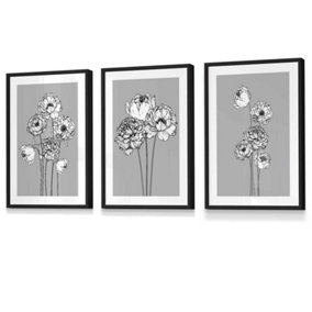 Set of 3 Sketch Art Peonies on Grey Wall Art Prints / 30x42cm (A3) / Black Frame