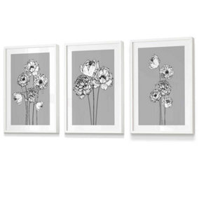 Set of 3 Sketch Art Peonies on Grey Wall Art Prints / 30x42cm (A3) / White Frame