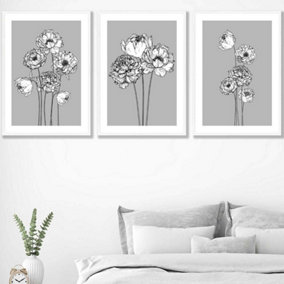 Set of 3 Sketch Art Peonies on Grey Wall Art Prints / 50x70cm / White Frame