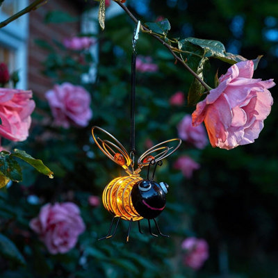 Set of 3 Solar Powered Bee Lights - Weather Resistant Novelty Outdoor Garden Bumblebee Decorations with LED Lighting & Hanging