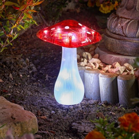 Set of 3 Solar Powered Toadstool Stake Lights - Weatherproof Mushroom Design Outdoor Garden LED Lighting - Each H19 x 15cm Dia