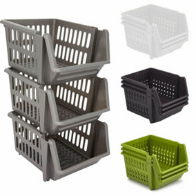 Set of 3 Stackable Storage Basket Kitchen Fruit Vegetable Stacking Container Box - Black