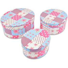 Set of 3 Storage Boxes - Pink & Blue Floral Patchwork Design Oval Containers for Storing Photographs, Letters & More