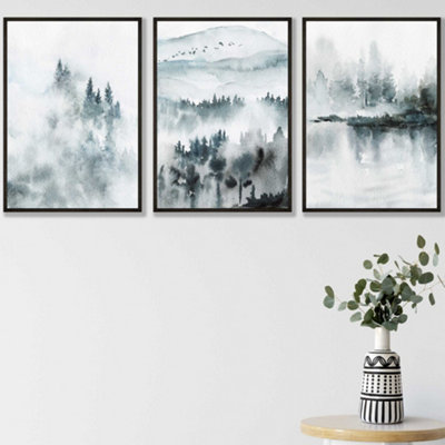 Set of 3 Teal Blue Abstract Forest Lake Wall Art Prints / 30x42cm (A3) / Black Frame