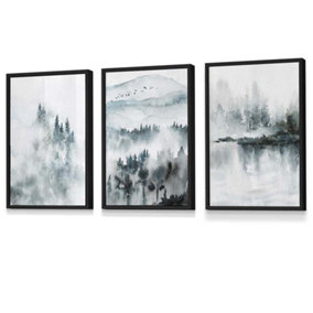 Set of 3 Teal Blue Abstract Forest Lake Wall Art Prints / 30x42cm (A3) / Black Frame