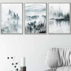 Set of 3 Teal Blue Abstract Forest Lake Wall Art Prints / 42x59cm (A2) / Light Grey Frame