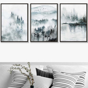 Set of 3 Teal Blue Abstract Forest Lake Wall Art Prints / 50x70cm / Black Frame