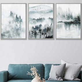Set of 3 Teal Blue Abstract Forest Lake Wall Art Prints / 50x70cm / Light Grey Frame
