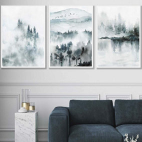 Set of 3 Teal Blue Abstract Forest Lake Wall Art Prints / 50x70cm / White Frame