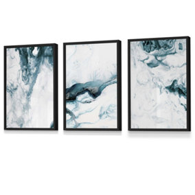 Set of 3 Teal Blue Abstract Ocean Waves Wall Art Prints / 30x42cm (A3) / Black Frame