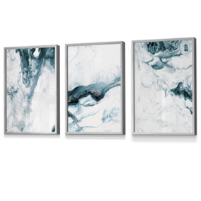 Set of 3 Teal Blue Abstract Ocean Waves Wall Art Prints / 30x42cm (A3) / Light Grey Frame