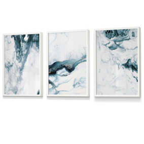 Set of 3 Teal Blue Abstract Ocean Waves Wall Art Prints / 30x42cm (A3) / White Frame