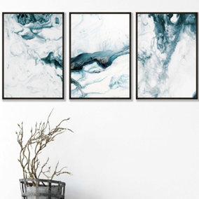 Set of 3 Teal Blue Abstract Ocean Waves Wall Art Prints / 42x59cm (A2) / Black Frame