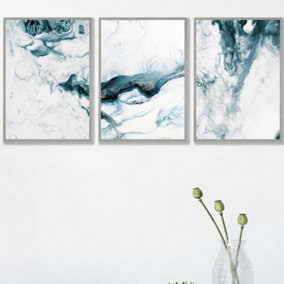 Set of 3 Teal Blue Abstract Ocean Waves Wall Art Prints / 42x59cm (A2) / Light Grey Frame