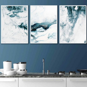 Set of 3 Teal Blue Abstract Ocean Waves Wall Art Prints / 42x59cm (A2) / White Frame