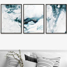 Set of 3 Teal Blue Abstract Ocean Waves Wall Art Prints / 50x70cm / Black Frame