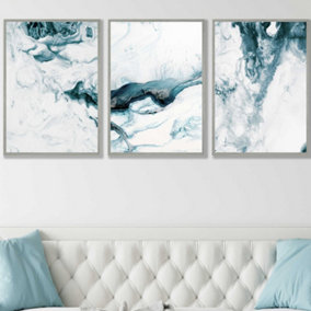 Set of 3 Teal Blue Abstract Ocean Waves Wall Art Prints / 50x70cm / Light Grey Frame