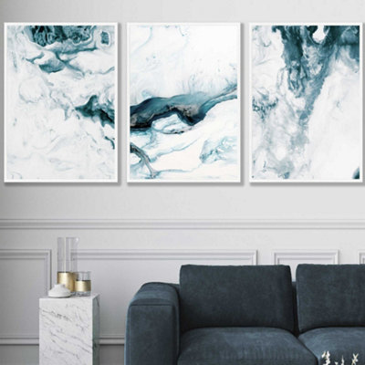 Set of 3 Teal Blue Abstract Ocean Waves Wall Art Prints / 50x70cm ...