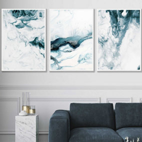 Set of 3 Teal Blue Abstract Ocean Waves Wall Art Prints / 50x70cm / White Frame