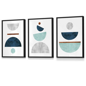 Set of 3 Teal, Mint Green and Grey Abstract Mid Century Geometric Wall Art Prints / 30x42cm (A3) / Black Frame