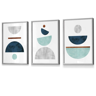 Set of 3 Teal, Mint Green and Grey Abstract Mid Century Geometric Wall Art Prints / 30x42cm (A3) / Light Grey Frame