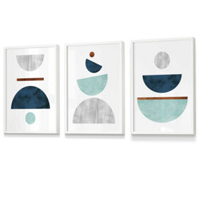 Set of 3 Teal, Mint Green and Grey Abstract Mid Century Geometric Wall Art Prints / 30x42cm (A3) / White Frame