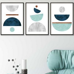 Set of 3 Teal, Mint Green and Grey Abstract Mid Century Geometric Wall Art Prints / 42x59cm (A2) / Black Frame