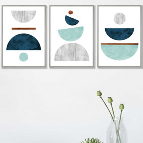Set of 3 Teal, Mint Green and Grey Abstract Mid Century Geometric Wall Art Prints / 42x59cm (A2) / Light Grey Frame