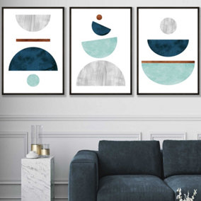 Set of 3 Teal, Mint Green and Grey Abstract Mid Century Geometric Wall Art Prints / 50x70cm / Black Frame