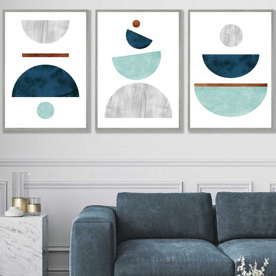 Set of 3 Teal, Mint Green and Grey Abstract Mid Century Geometric Wall Art Prints / 50x70cm