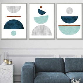 Set of 3 Teal, Mint Green and Grey Abstract Mid Century Geometric Wall Art Prints / 50x70cm / Light Grey Frame